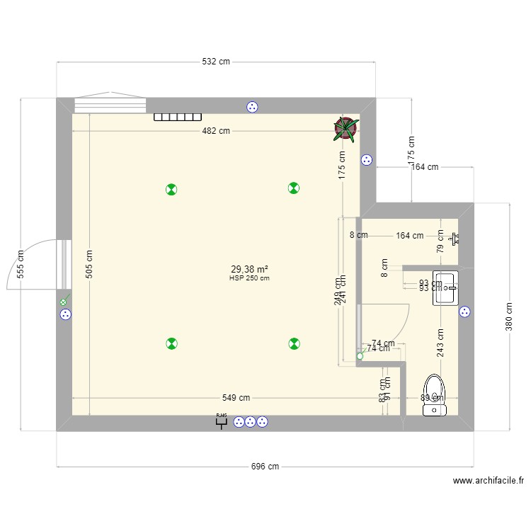 salle de sport. Plan de 1 pièce et 29 m2