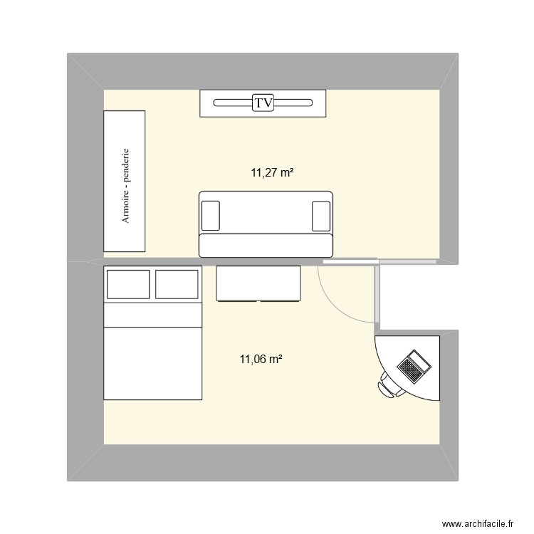 Chambres haut. Plan de 2 pièces et 22 m2