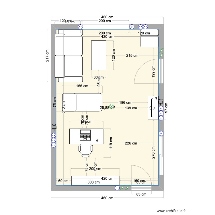 Bureau Garage TV 93cm. Plan de 1 pièce et 27 m2