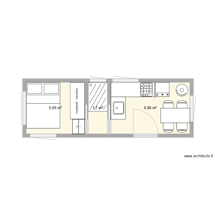 roulotte oficial. Plan de 3 pièces et 14 m2