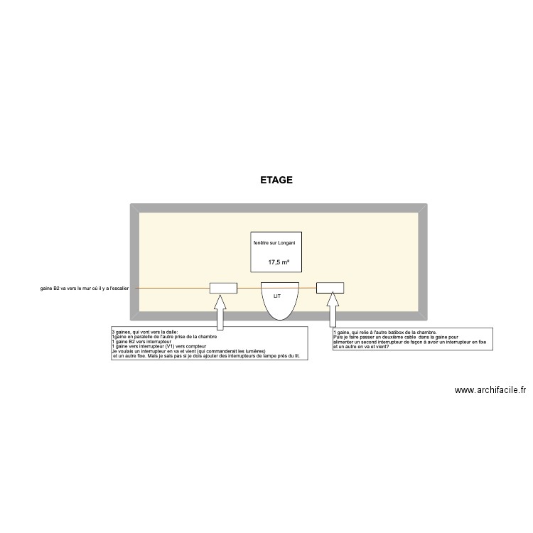 éclairage mur étage longani. Plan de 1 pièce et 18 m2