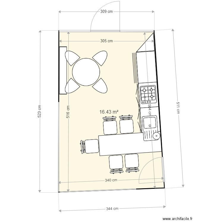 Plan Nadine studio cuisine-2. Plan de 1 pièce et 16 m2