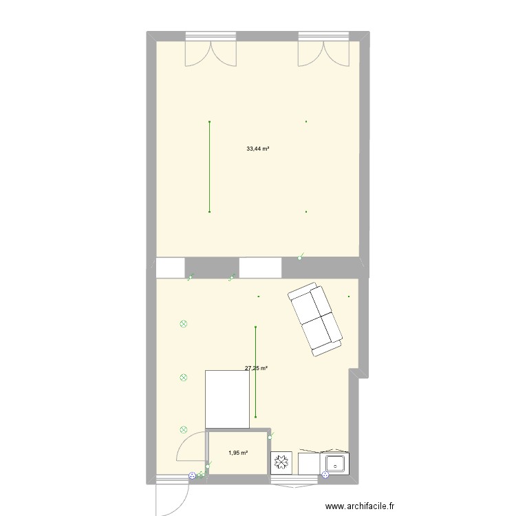 Dirty Lemon. Plan de 3 pièces et 63 m2