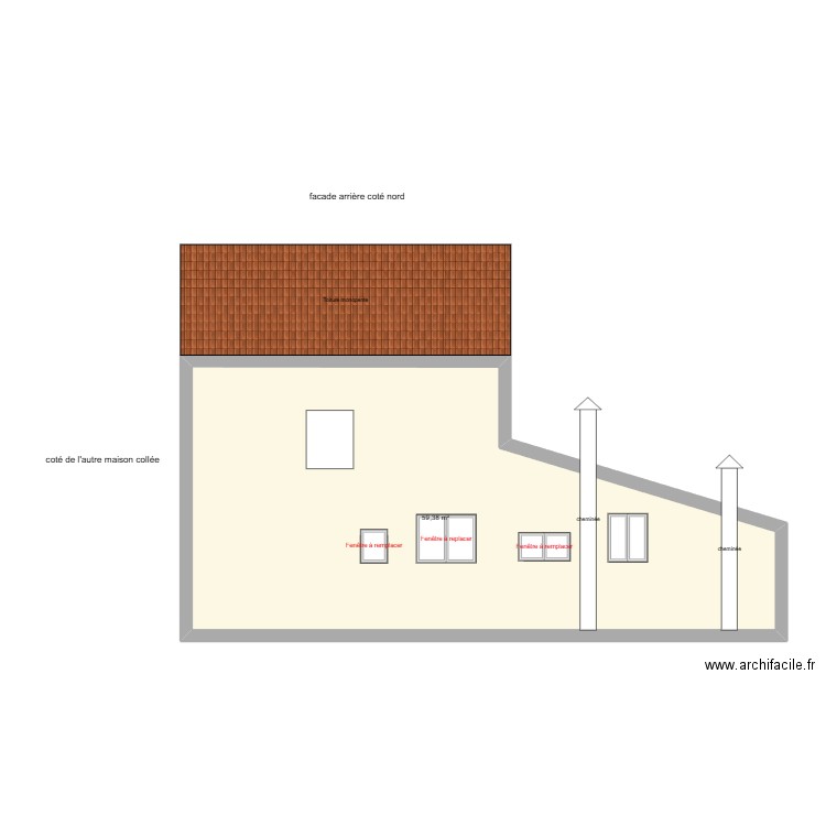 facade arière coté nord. Plan de 1 pièce et 59 m2