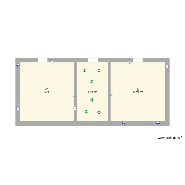 chambre. Plan de 3 pièces et 31 m2