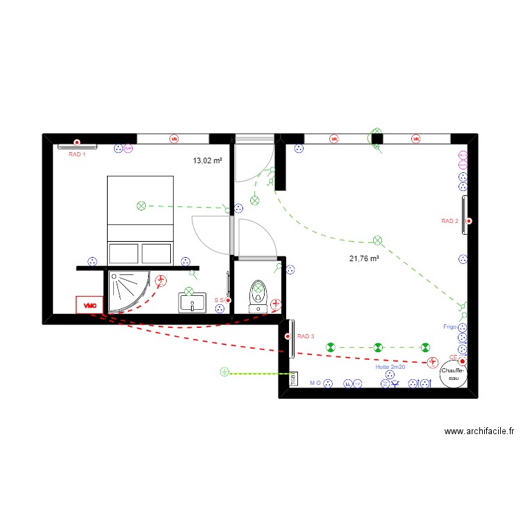 LGT A CYRIL PELE. Plan de 3 pièces et 36 m2