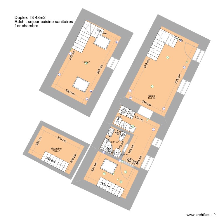 Atelier v2. Plan de 5 pièces et 58 m2