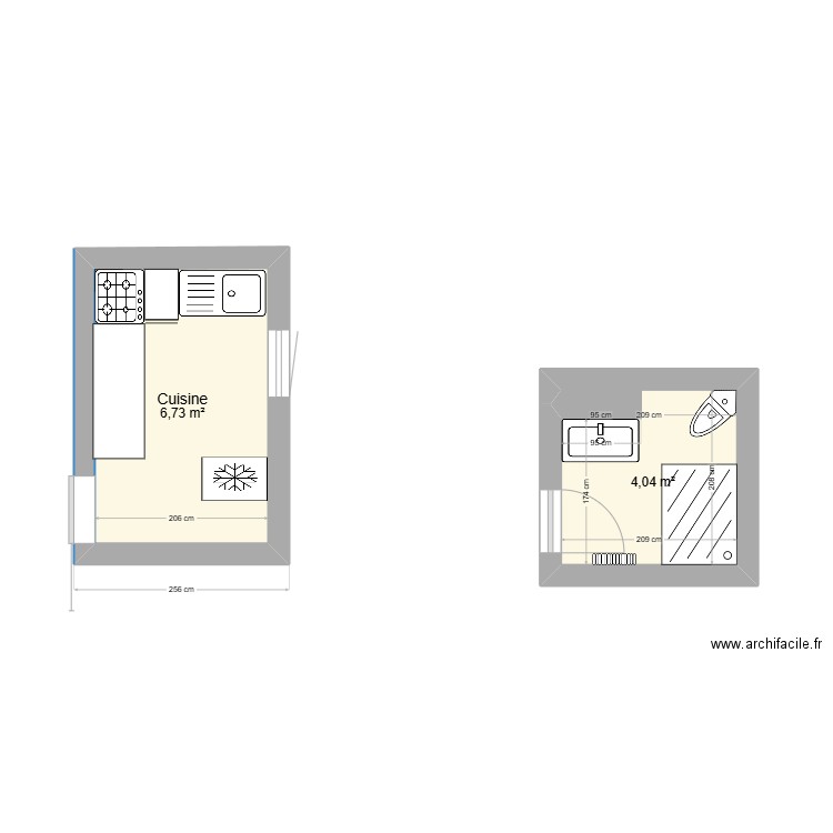 cuisine. Plan de 2 pièces et 11 m2