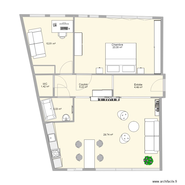 3/4 pièces. Plan de 7 pièces et 75 m2