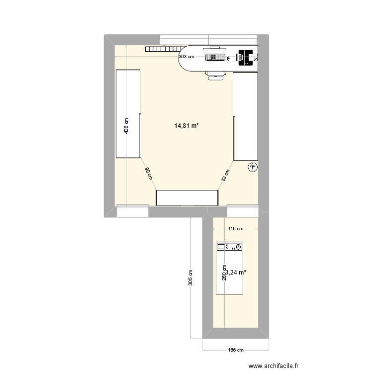 Bureau buanderie. Plan de 2 pièces et 18 m2