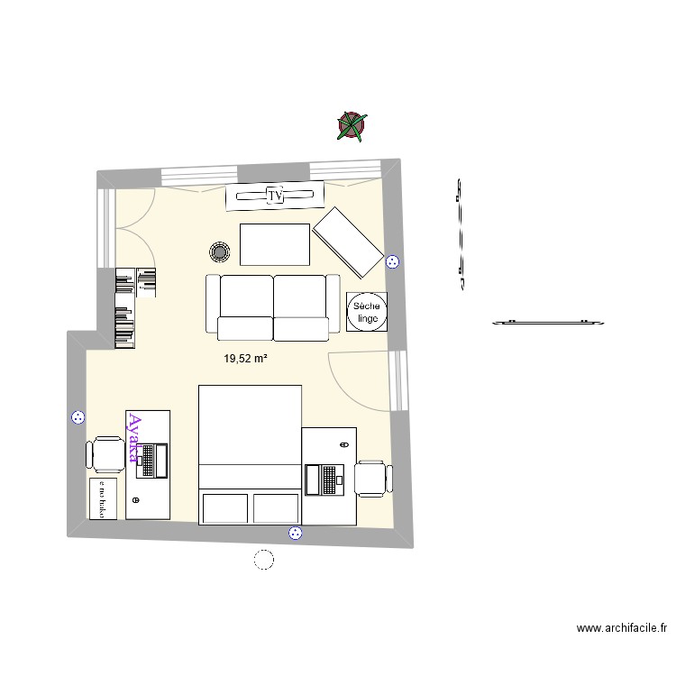 chambre. Plan de 1 pièce et 20 m2