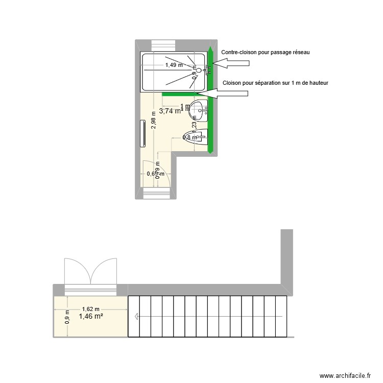 RIBESOIS Yvonne. Plan de 2 pièces et 5 m2