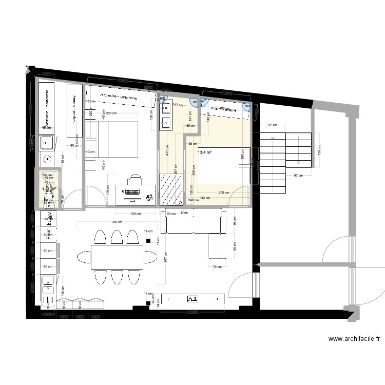 Rdc 1. Plan de 2 pièces et 15 m2