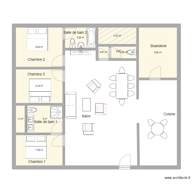 Maison Sorgues. Plan de 10 pièces et 50 m2