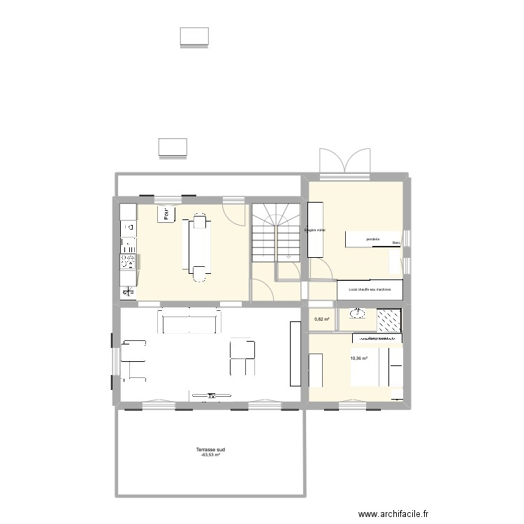 Kerfany séjour cuisine agrandie 1. Plan de 3 pièces et 32 m2