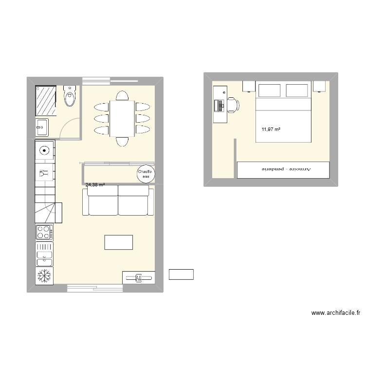 Rochelongue. Plan de 2 pièces et 36 m2