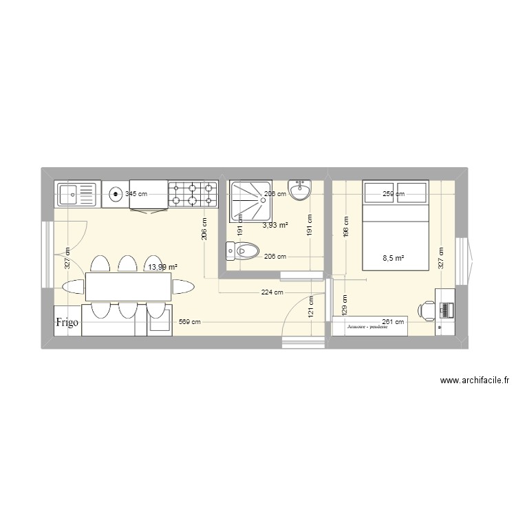 RDC LARRIOU. Plan de 3 pièces et 26 m2