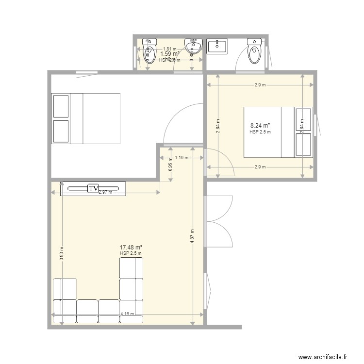PLAN 1 Appartement. Plan de 3 pièces et 27 m2