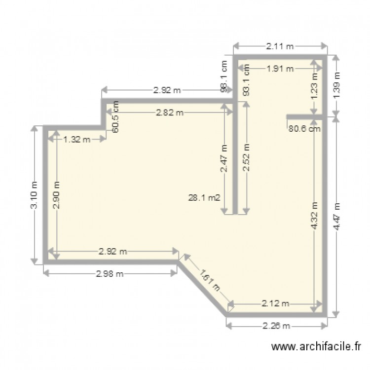 Françoise T2 Cuisine + Salon. Plan de 1 pièce et 28 m2