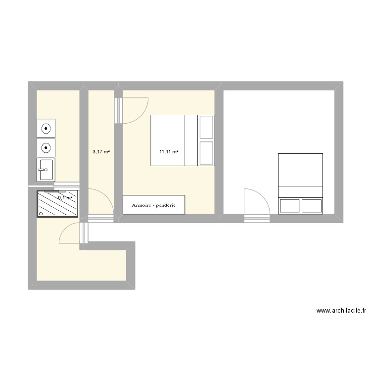 Chambres actuelles. Plan de 1 pièce et 11 m2