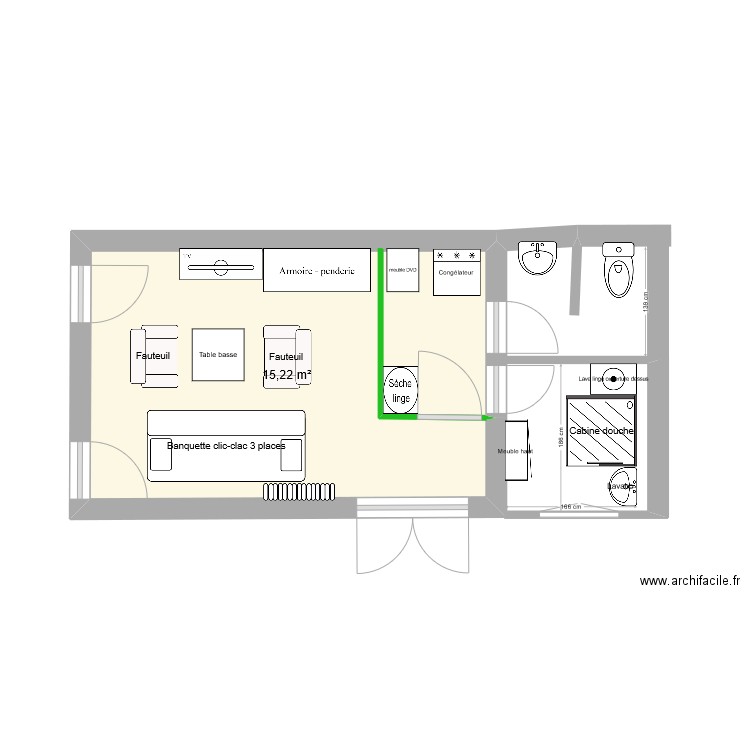 studio et douche. Plan de 1 pièce et 15 m2