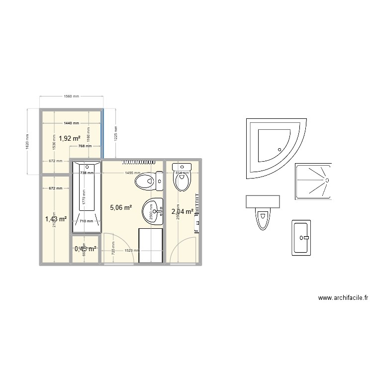 WC SDB actuelle Paul. Plan de 5 pièces et 11 m2