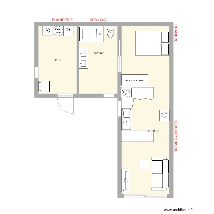 Studio. Plan de 3 pièces et 42 m2