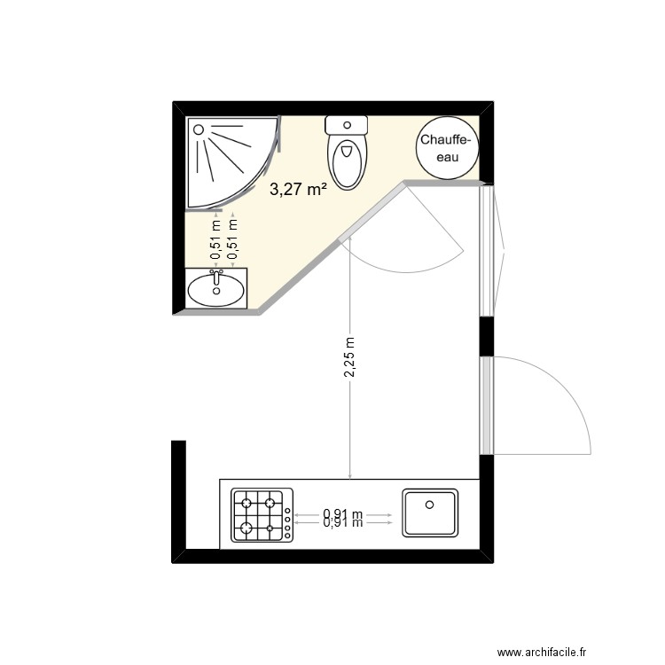 PLAN CUISINE ET SALLE DE BAIN. Plan de 1 pièce et 3 m2