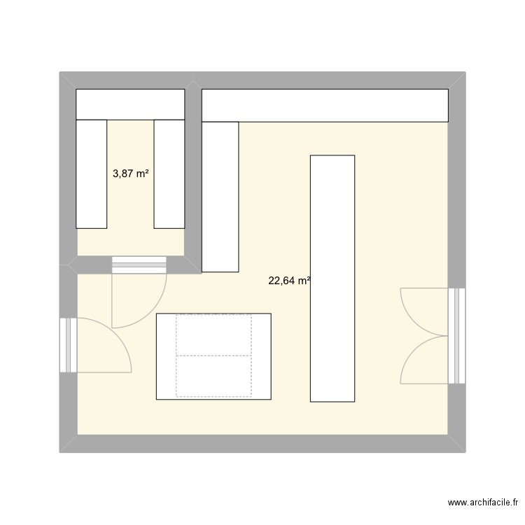 Cuisine écume des bois. Plan de 2 pièces et 27 m2