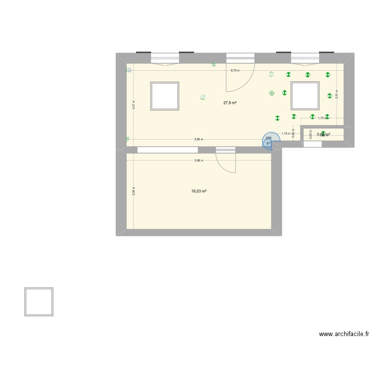 Extension. Plan de 3 pièces et 47 m2