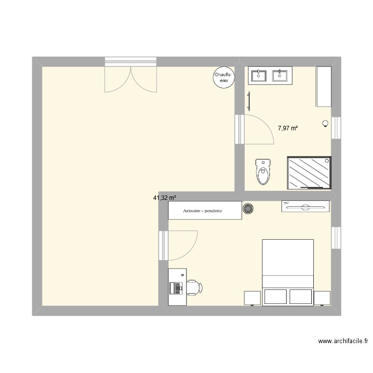 F2 chambre salle de bain. Plan de 2 pièces et 49 m2