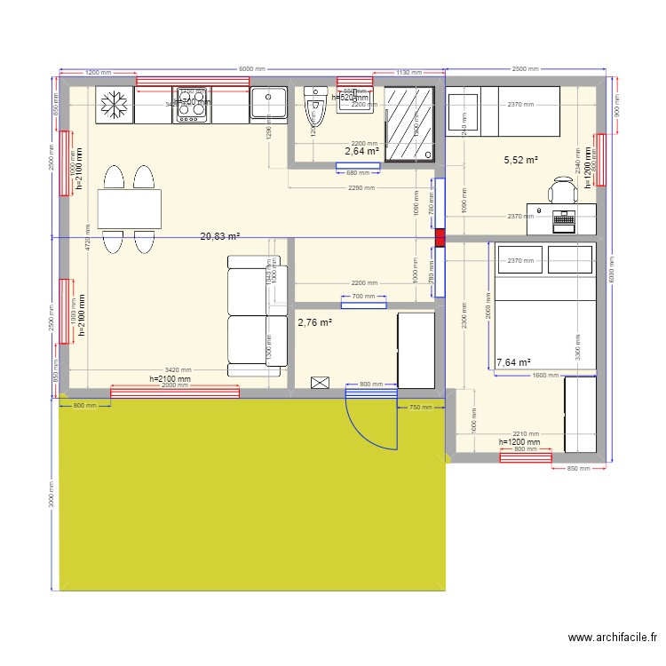 45 55. Plan de 6 pièces et 56 m2