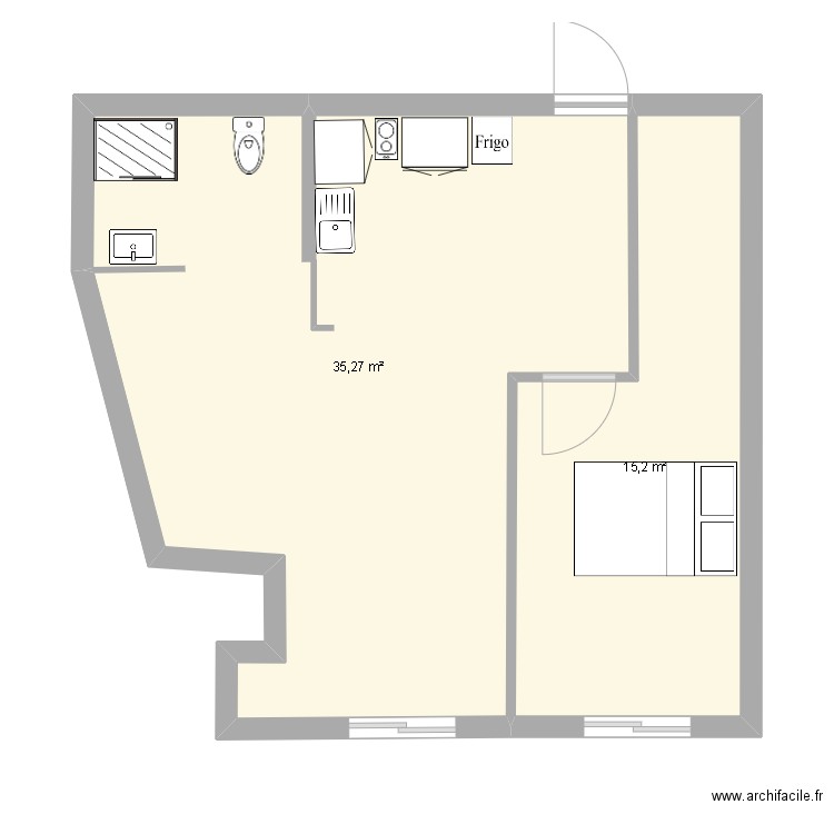 T2 PV. Plan de 2 pièces et 50 m2