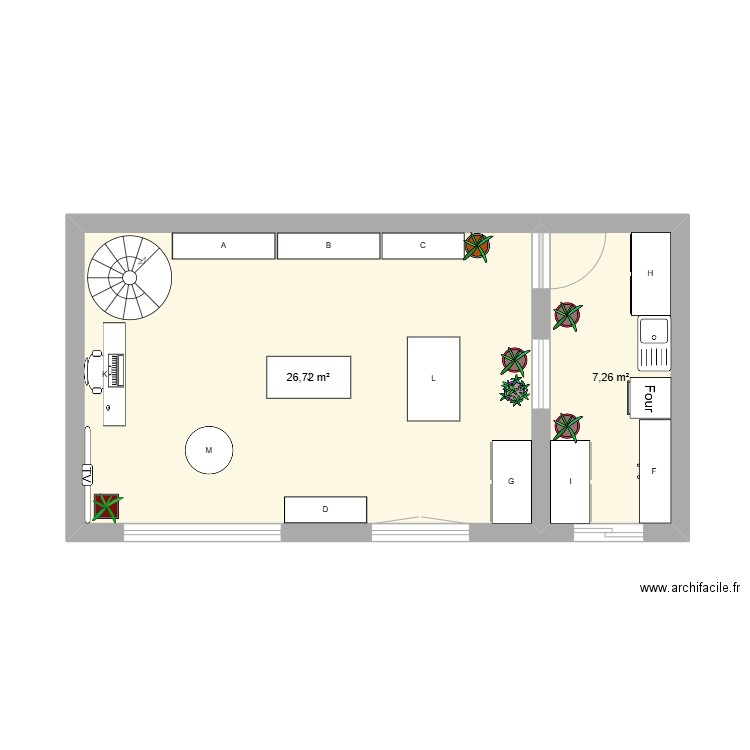 Boulangerie . Plan de 2 pièces et 34 m2