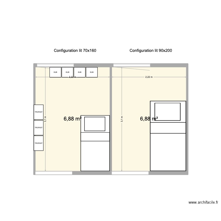 Chambre Diane+Paul - WBT 80x160cm. Plan de 2 pièces et 14 m2