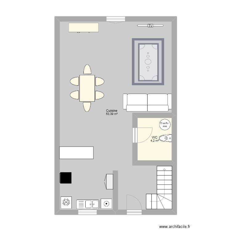 RDC. Plan de 2 pièces et 58 m2