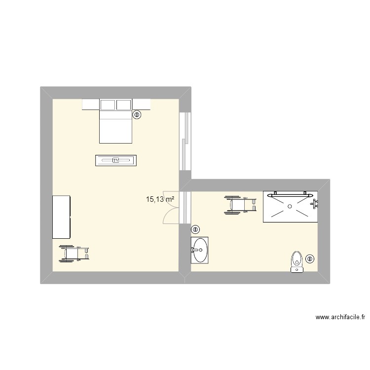 chambre et sale de bain tiphanie et lisy. Plan de 1 pièce et 15 m2