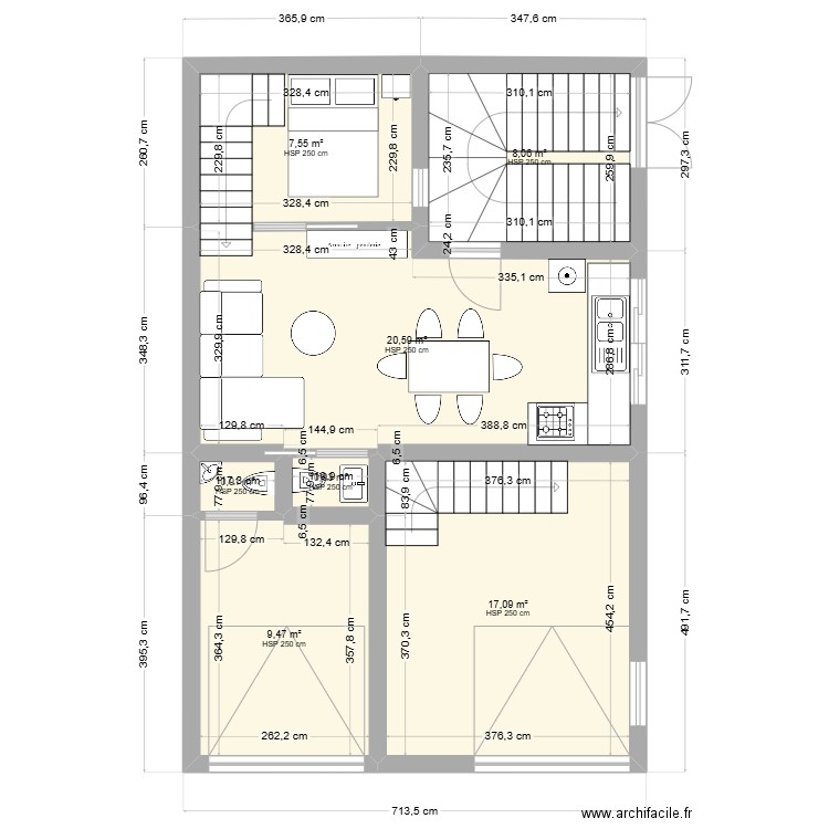 amal. Plan de 7 pièces et 65 m2