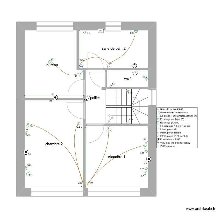 chalet zinc 1er etage éclairage. Plan de 6 pièces et 44 m2