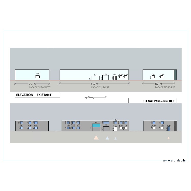 facades. Plan de 0 pièce et 0 m2