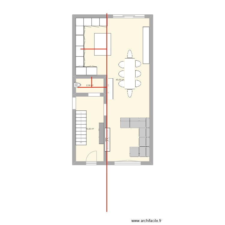 cuisine derriere . Plan de 3 pièces et 58 m2