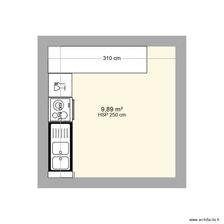 cuisine. Plan de 1 pièce et 10 m2