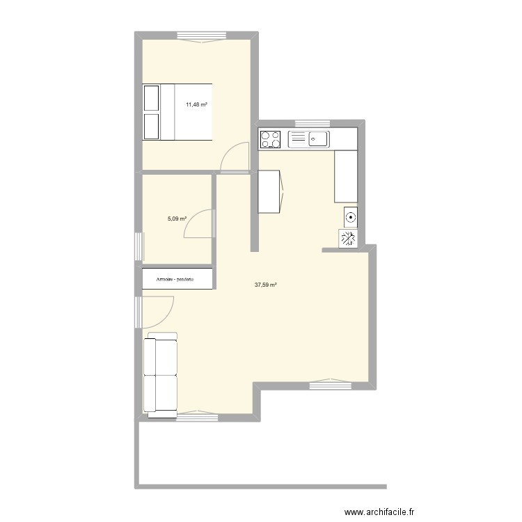 Studio. Plan de 3 pièces et 54 m2