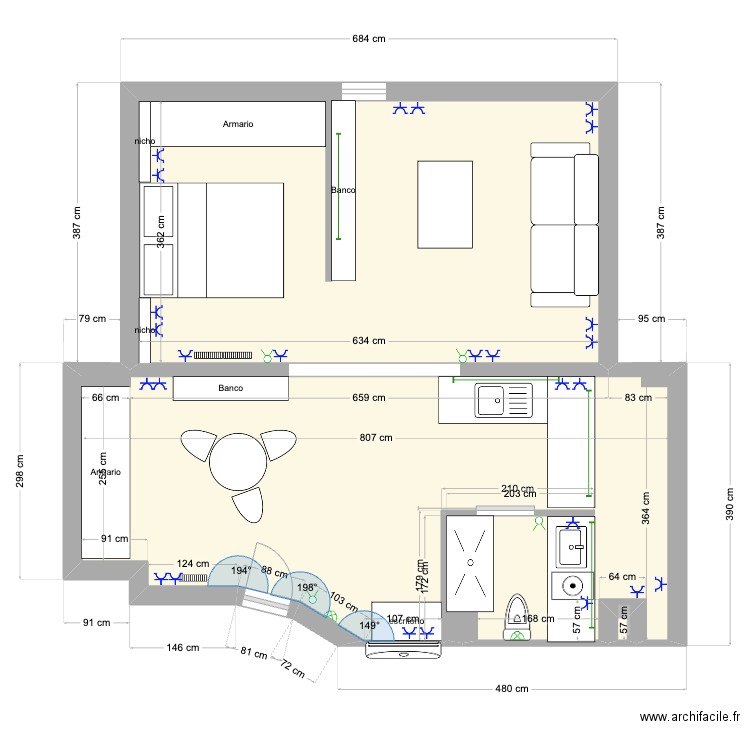 Lajorja amueblado con luz. Plan de 3 pièces et 49 m2