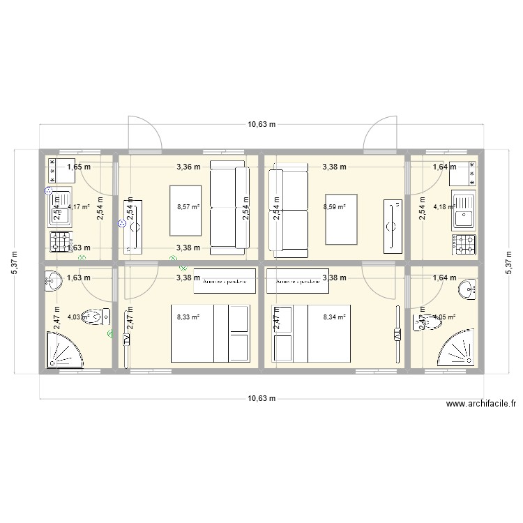 Studio. Plan de 8 pièces et 50 m2