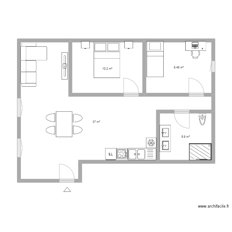 PLAN T3. Plan de 4 pièces et 64 m2