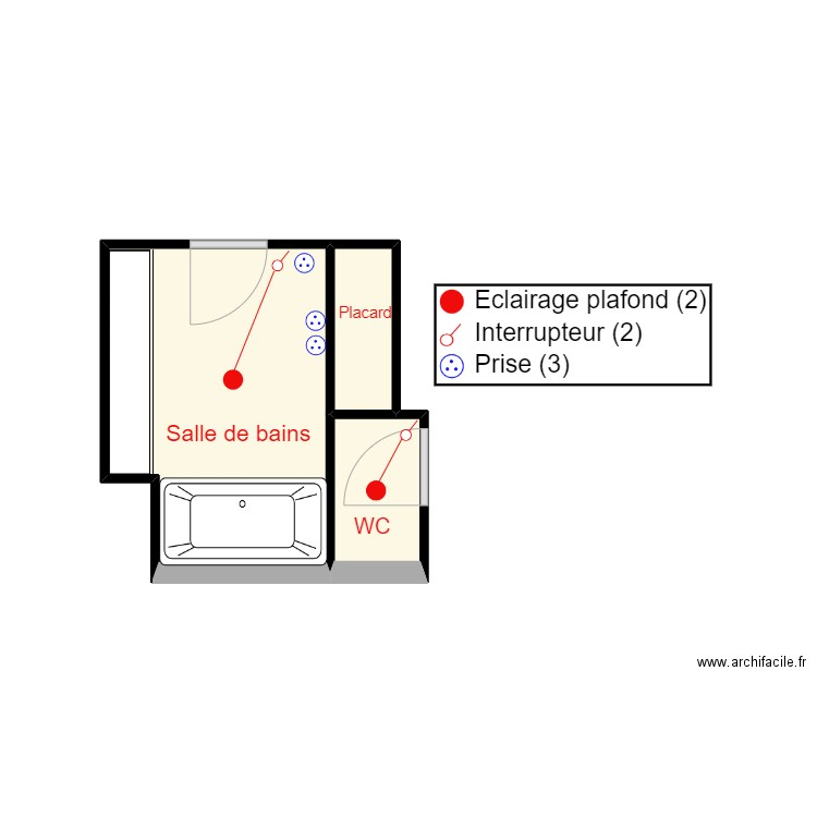 ELECTRICITE WC et SDB. Plan de 3 pièces et 8 m2