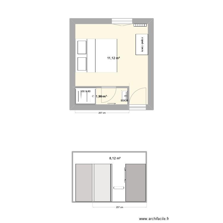 SDB petite chambre 2. Plan de 3 pièces et 21 m2