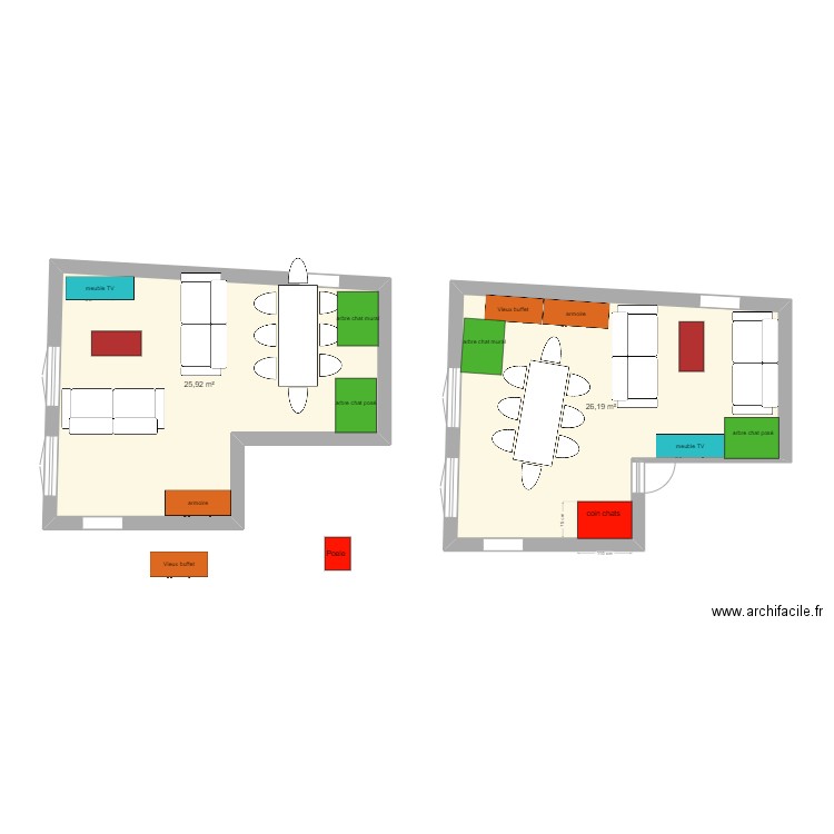 salle principale. Plan de 2 pièces et 52 m2