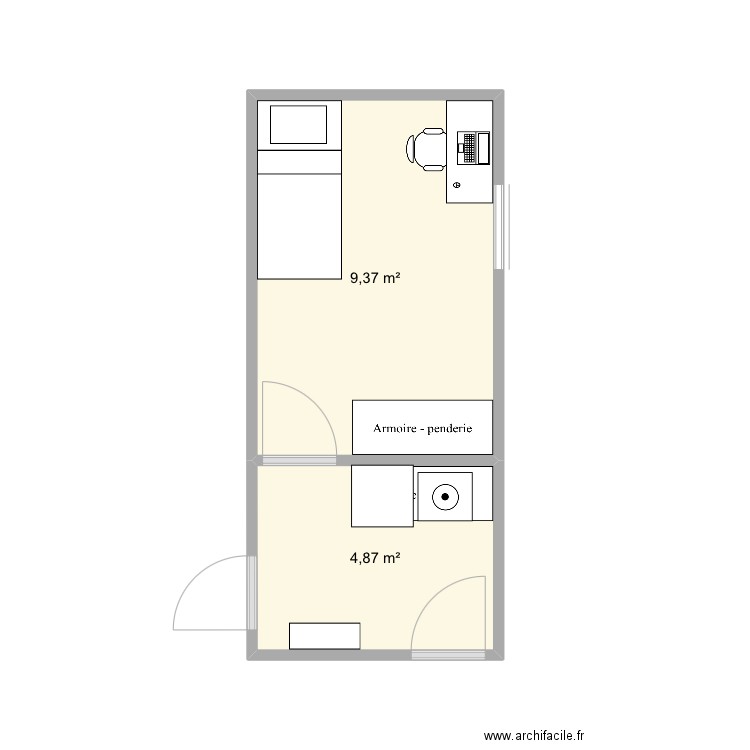 Chambre yoyo. Plan de 2 pièces et 14 m2